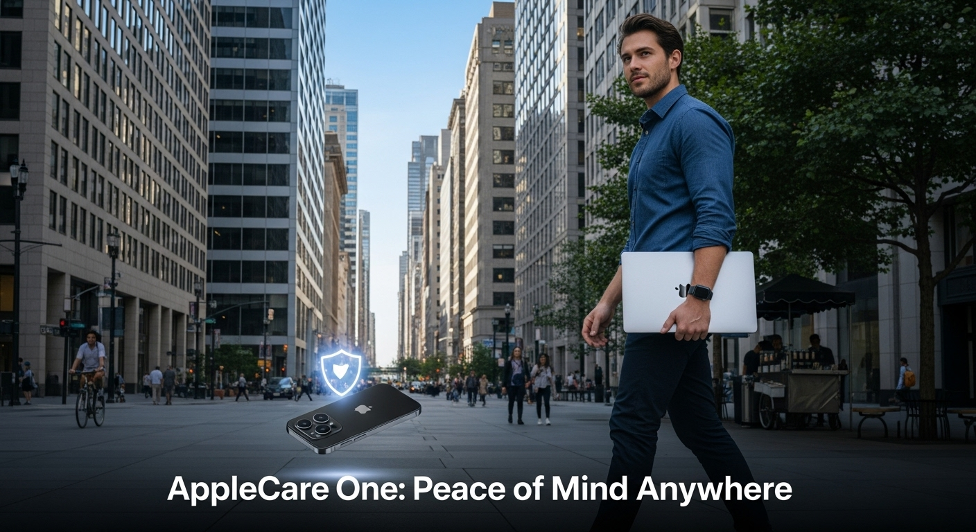 Young professional with MacBook Pro and Apple Watch on a city street, with a dropped iPhone protected by a shield icon and 'AppleCare One: Peace of Mind Anywhere' text.