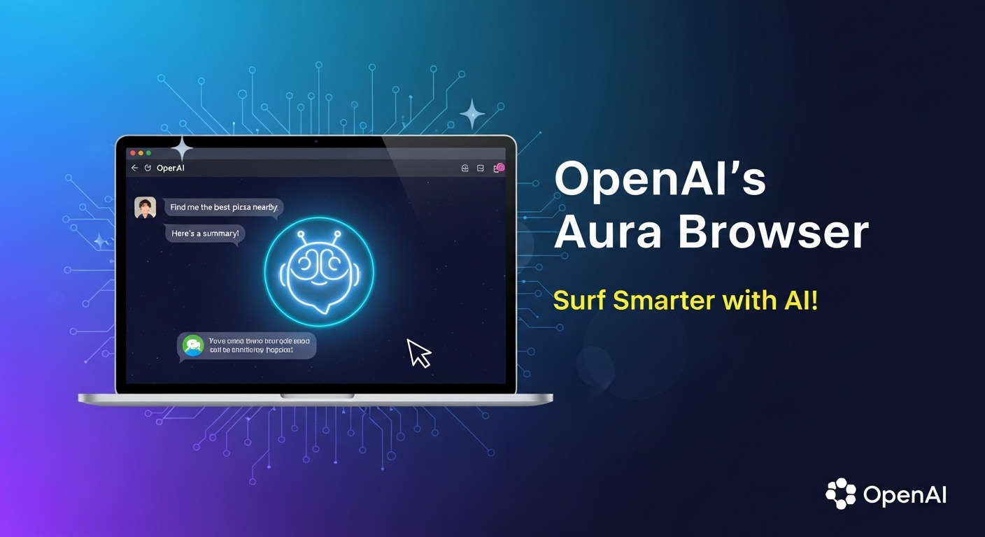 Thumbnail of a laptop displaying OpenAI’s Aura AI-powered browser with a chat interface, featuring futuristic blue and purple design and text overlay reading ‘OpenAI’s Aura Browser’ and ‘Surf Smarter with AI!
