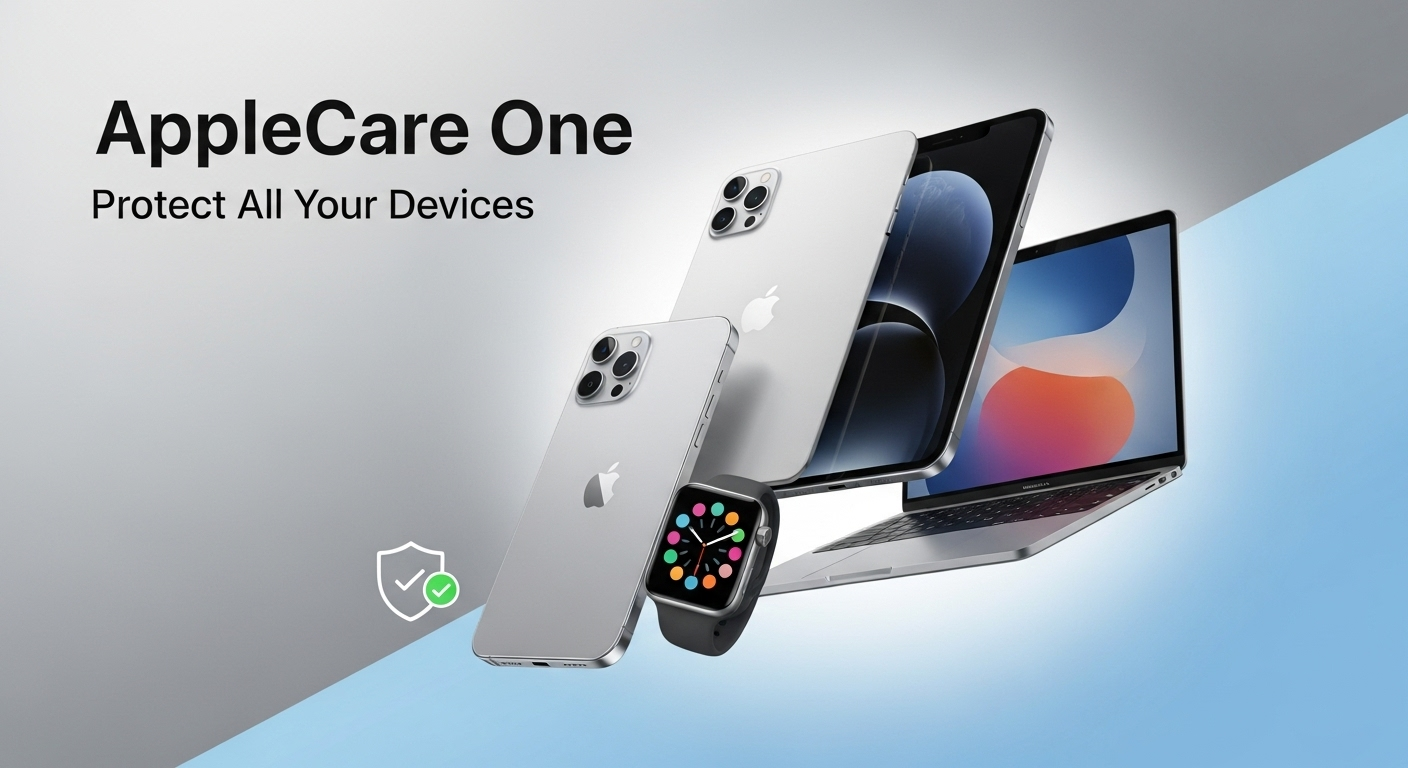 featuring iPhone, iPad, MacBook, and Apple Watch with 'AppleCare One: Protect All Your Devices' text, symbolizing comprehensive device protection
