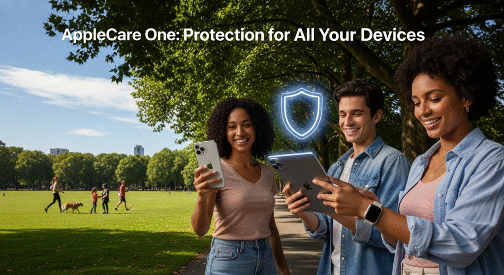 Young adults using iPhone, iPad, and Apple Watch in a sunny urban park, with 'AppleCare One: Protection for All Your Devices' text and a shield icon symbolizing comprehensive device protection.