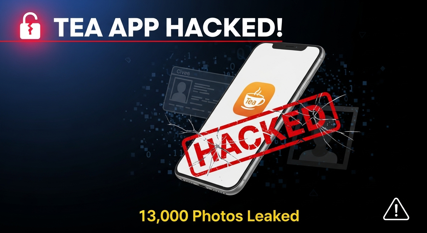 Smartphone displaying Tea app logo with red 'HACKED' stamp, symbolizing data breach of 13,000 user photos and IDs.