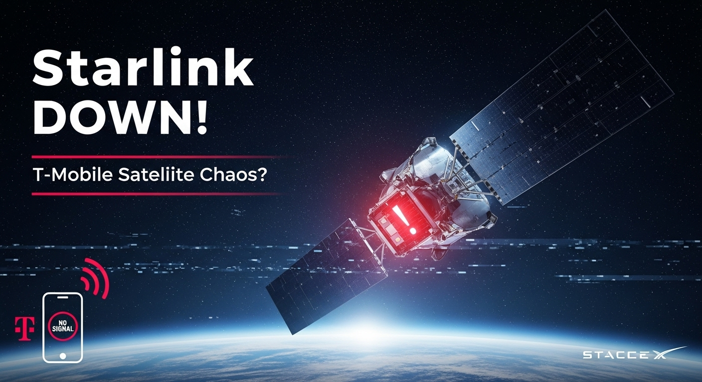 Starlink satellite with red alert glow in space, showing outage after T-Mobile T-Satellite launch